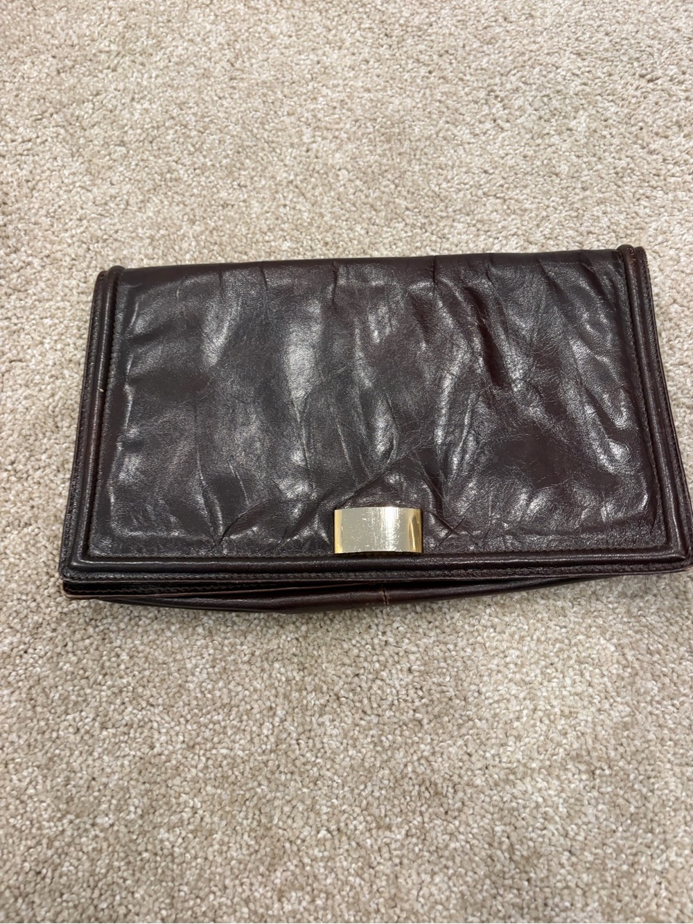 Brown Leather Fold-Over Clutch with Gold Hardware
